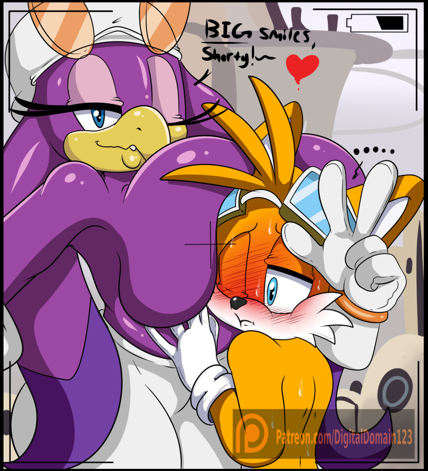 &lt;3 1girl age_difference anthro avian big_breasts bird blush breasts canine clothed clothing digitaldomain123 fox furry male male/female mammal miles_"tails"_prower one_eye_closed sega sonic_riders text topless wave_the_swallow wink