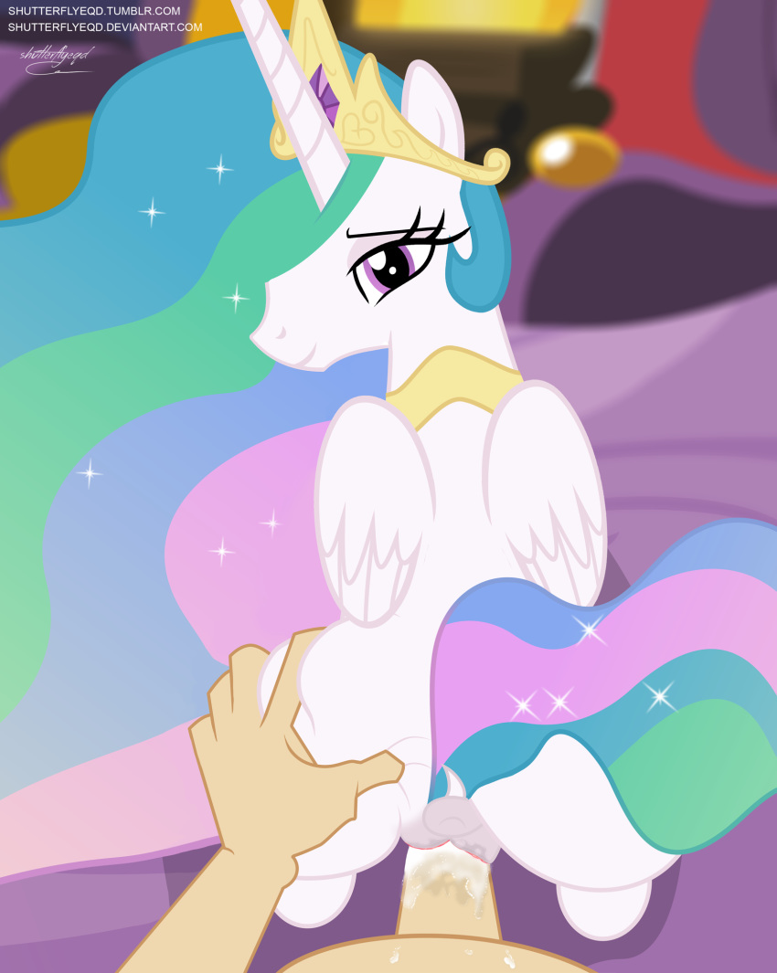 1girl 2016 alicorn anus ass crown cum cum_in_pussy cum_inside duo equine female feral friendship_is_magic fur hair horn human humanoid_penis inside interspecies jewelry looking_at_viewer mammal multicolored_hair my_little_pony necklace penetration penis princess_celestia princess_celestia_(mlp) purple_eyes pussy pussy_juice royalty sex shutterflyeqd vaginal_penetration white_fur wings