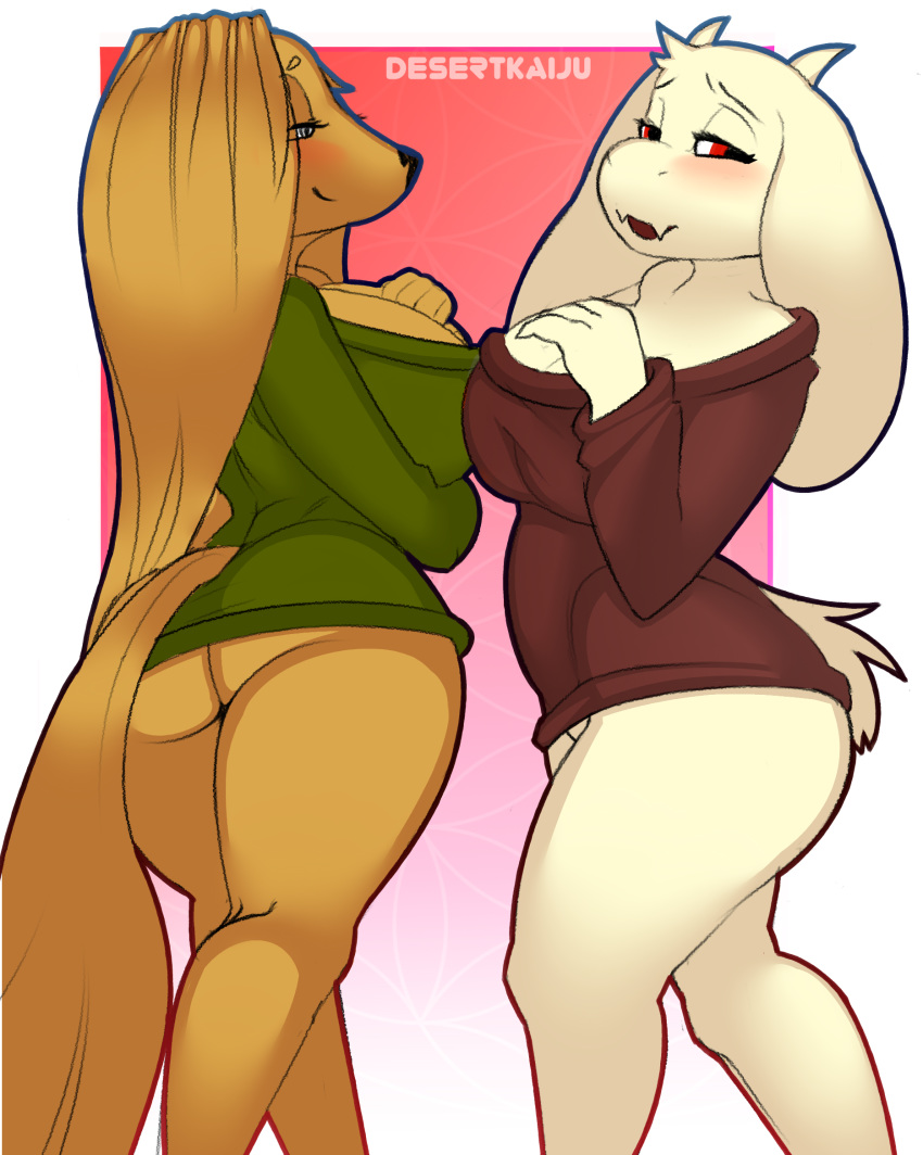 1girl 2018 alpha_channel anthro ass big_ass big_breasts blush boss_monster breasts butt canine caprine clothed clothing desertkaiju digital_media_(artwork) dog dogmom_(cherrikissu) female/female fur furry goat goatmom hair high_res horn huge_breasts long_ears long_hair mabel_(cherrikissu) mammal mature_female milf mom mommy mother original parent presenting simple_background sweater text thick_thighs toriel transparent_background undertale video_games voluptuous white_fur wide_hips