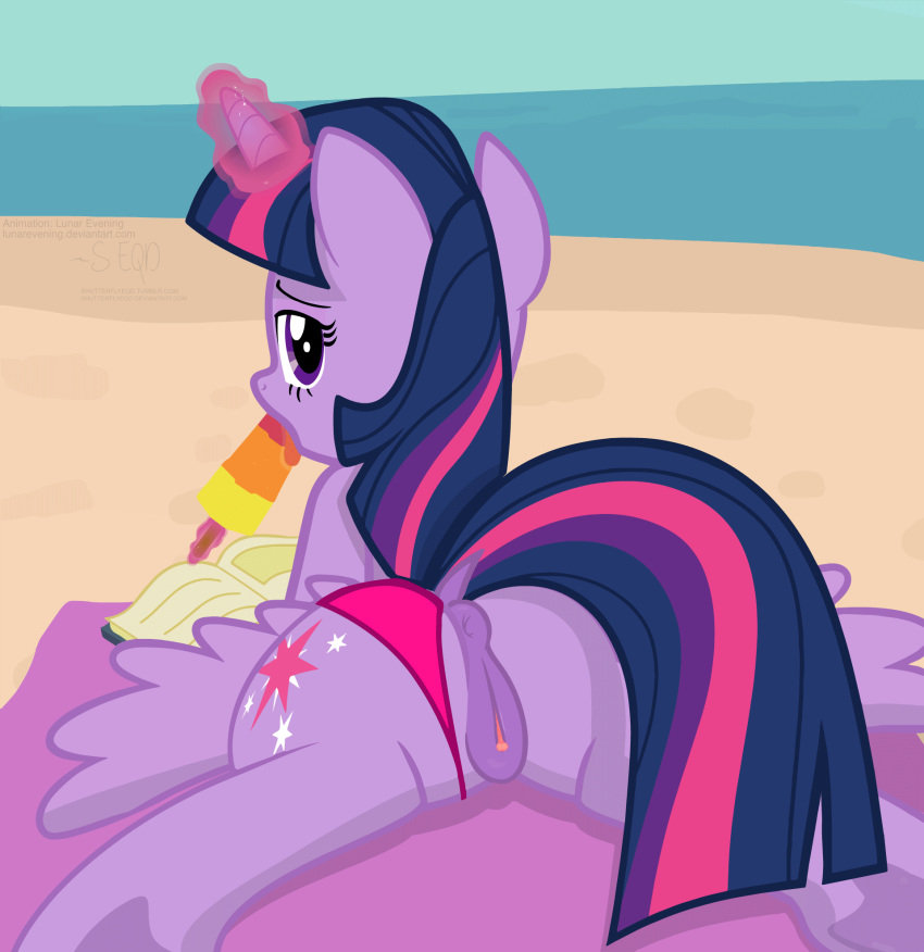 1girl 2017 alicorn animal_genitalia animal_pussy animated anus ass beach bedroom_eyes book clitoral_winking clitoris clothing cutie_mark dock equine equine_pussy feathered_wings feathers female female_only feral food friendship_is_magic gif hair half-closed_eyes high_res horn licking looking_at_viewer looking_back magic mammal multicolored_hair my_little_pony outdoor outside panties panties_aside popsicle purple_eyes purple_feathers pussy seaside seductive shutterflyeqd sky solo solo_female spread_legs spreading tail tongue tongue_out twilight_sparkle twilight_sparkle_(mlp) underwear underwear_aside water winged_unicorn wings
