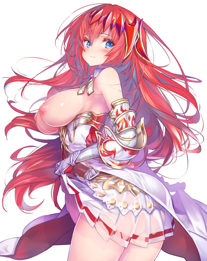 1girl 1girl areola armor armored_dress ass bangs bare_shoulders blue_eyes blush breasts closed_mouth dress exposed_breasts eyebrows_visible_through_hair gauntlets gloves godsworn_alexiel granblue_fantasy hair_between_eyes hair_ornament high_resolution hong_(white_spider) huge_breasts jewelry large_filesize long_hair looking_at_viewer nipples paid_reward red_hair simple_background skirt smile thighs transparent_background very_high_resolution very_long_hair white_dress white_skirt