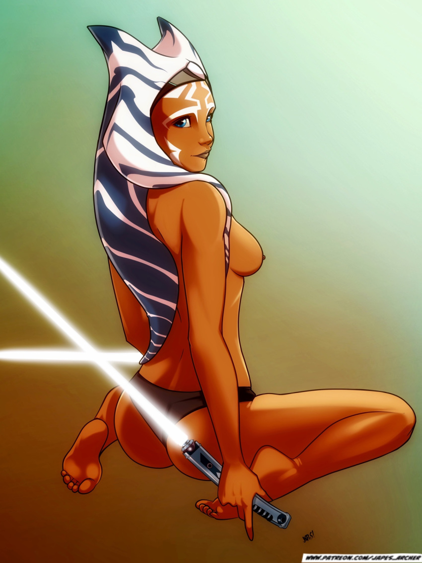 1girl ahsoka_tano ass female female_alien female_only japes lightsaber looking_at_viewer mostly_nude no_bra panties sideboob solo star_wars star_wars_rebels togruta