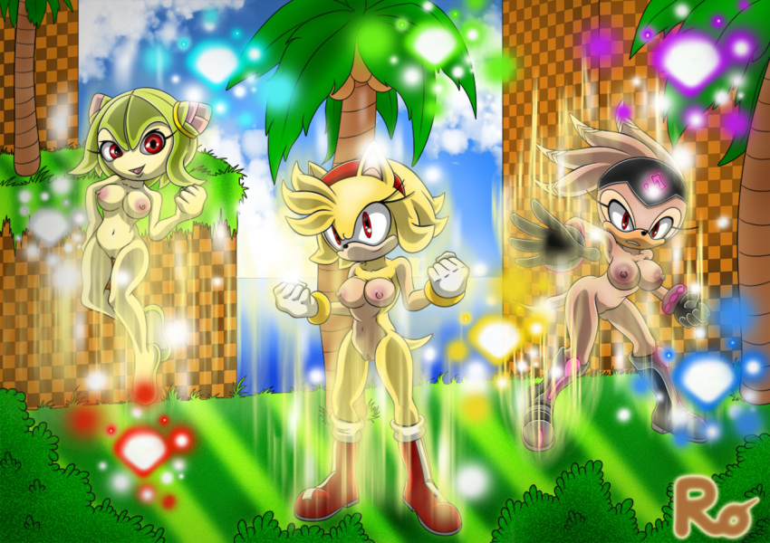 3girls amy_rose big_breasts breasts cosmo_the_seedrian nipples nude pussy raianonzika_(artist) sega shade_the_echidna sonic_(series)