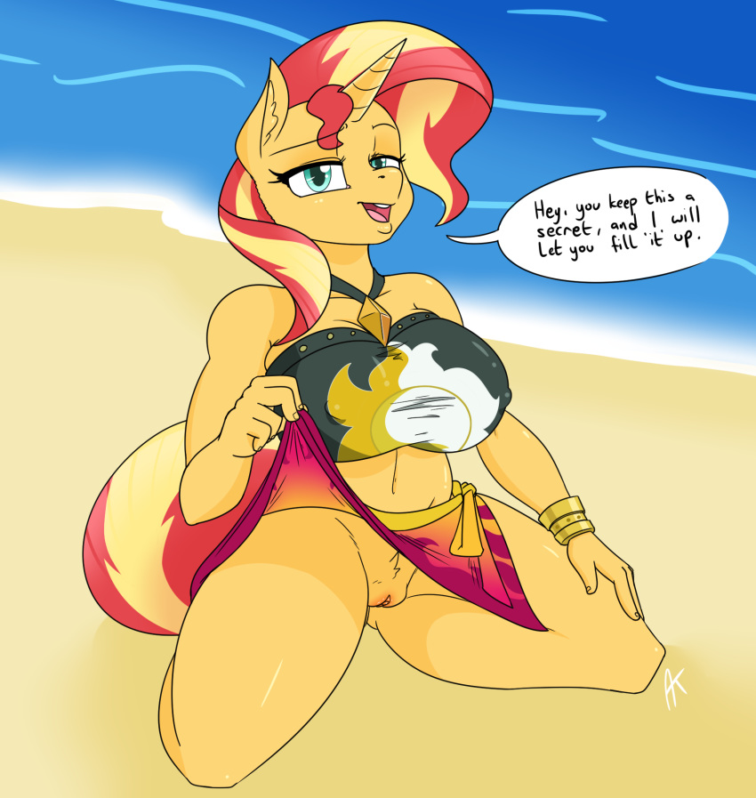 1girl 1girl anthro anthrofied appelknekten beach big_breasts bracelet breasts dialogue english_text equestria_girls equine flashing furry hair hand_on_thigh horn jewelry kneel looking_at_viewer mammal multicolored_hair my_little_pony navel nipple_bulge open_mouth outside pendant pussy seaside sunset_shimmer_(eg) text thick_thighs unicorn