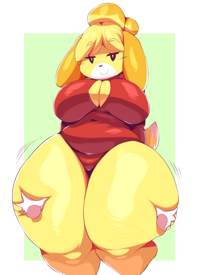 1girl 2018 animal_crossing anthro big_breasts breasts canine clothing digital_media_(artwork) disembodied_hand extra_thicc furry isabelle_(animal_crossing) looking_at_viewer mammal nintendo thick_thighs thigh_grab trinity-fate62 video_games