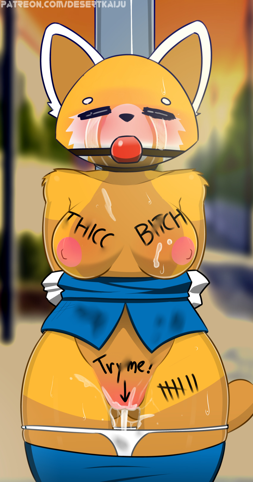 1girl 1girl 2018 after_sex aggressive_retsuko anthro ball_gag bdsm blush body_writing bondage bound breasts clothed clothing cum cum_in_pussy cum_inside cum_on_breasts desertkaiju digital_media_(artwork) embarrassed english_text fur furry gag gagged high_res humiliation mammal nipples open_mouth outside public public_use pussy questionable_consent red_panda retsuko sanrio standing tears text