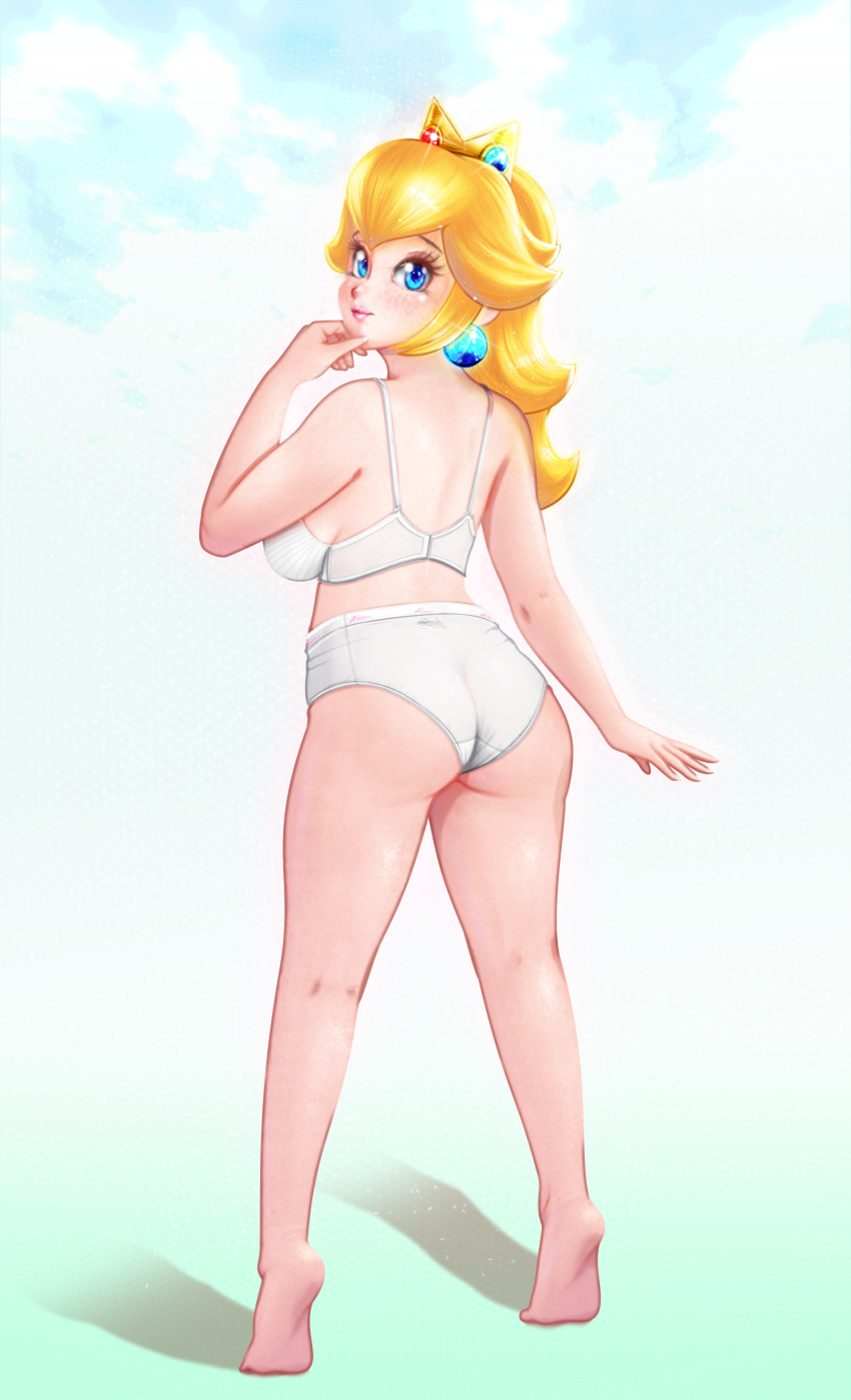 1girl ass black-rayal blonde_hair blue_eyes bra crown female female_only looking_at_viewer panties partially_clothed princess_peach standing standing_on_toes super_mario_bros.