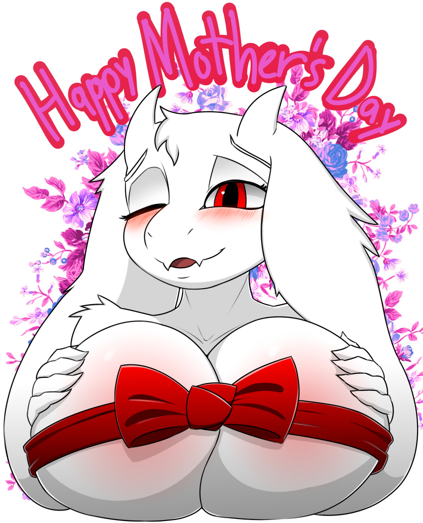 1girl 2018 alpha_channel anthro big_breasts blush boss_monster breasts desertkaiju digital_media_(artwork) english_text fur furry hair happy_mother's_day highres holidays horn huge_breasts mammal mature_female milf mother's_day open_mouth parent simple_background smile text toriel transparent_background undertale video_games
