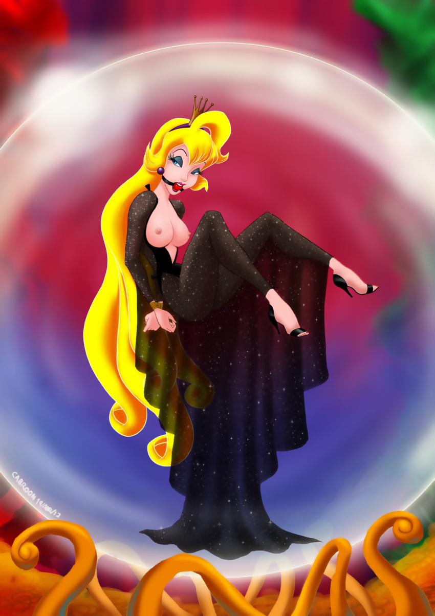 1girl ball_gag black_dress blonde_hair breasts cabroon_(artist) clothed crown dragon's_lair dress exposed_breasts female hands_tied_behind_back high_heels long_hair no_bra princess_daphne