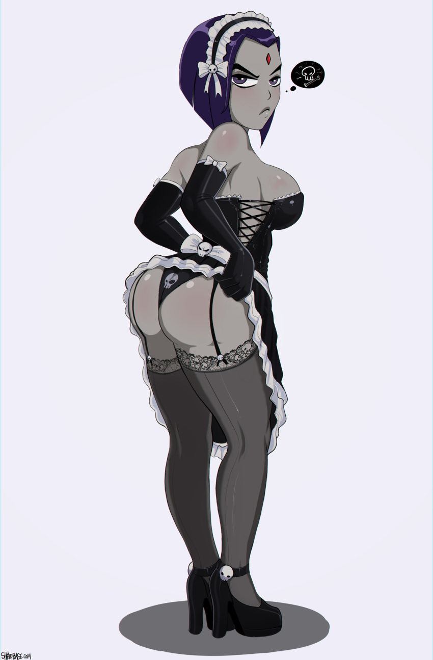 1girl ass big_ass big_breasts breasts dc dc_comics dcau female looking_at_viewer looking_back maid maid_headdress maid_uniform non-nude raven_(dc) shadman solo tease teen_titans
