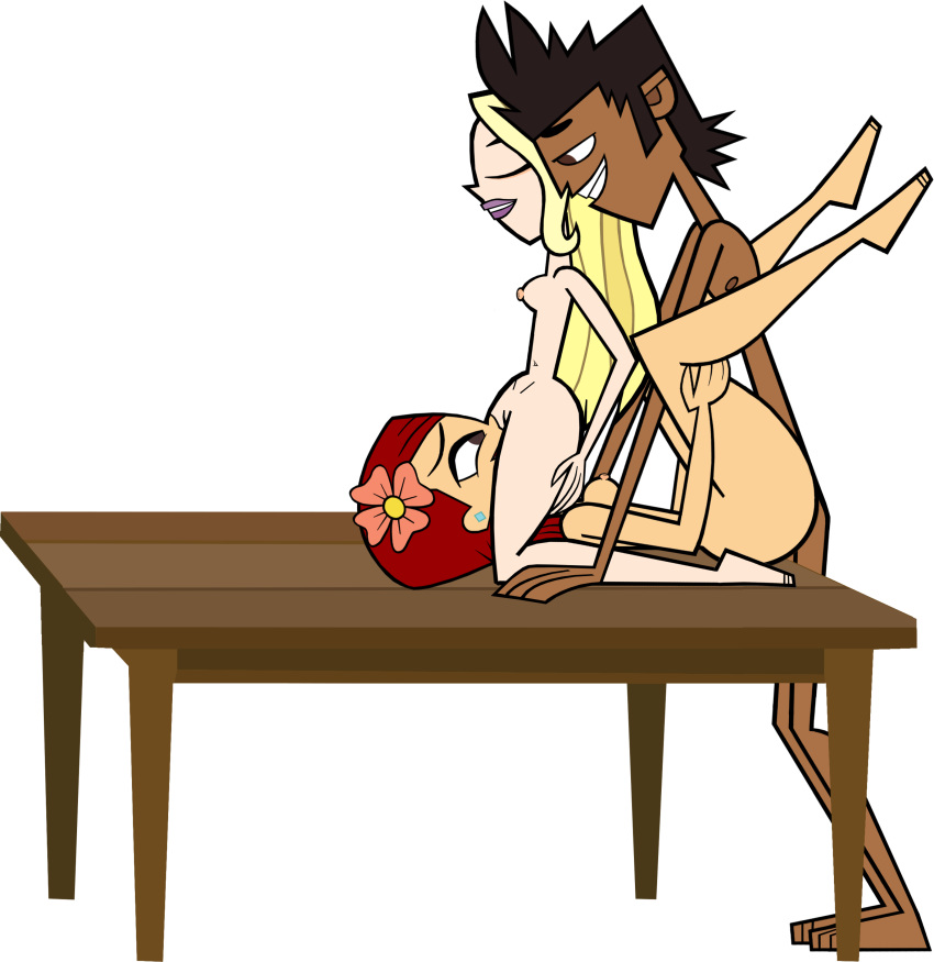 1boy 2girls braided_hair cartoon_network codl_(artist) cunnilingus dark-skinned_male dawn_(tdi) facesitting hourglass_figure interracial light-skinned_female mike_(tdi) pussylicking red_hair red_lipstick redhead table thick_ass thick_legs thick_thighs threesome tooth_gap total_drama_island zoey_(tdi)