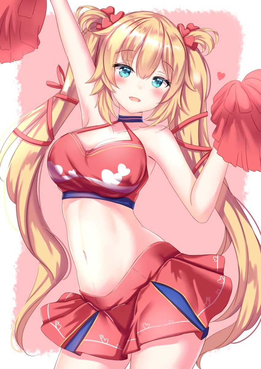 1girl 1girl akai_haato armpits bare_arms bare_shoulders big_breasts blonde blue_eyes breasts cheerleader choker cleavage cowboy_shot crop_top hair_ornament hair_ribbon halter_top halterneck hand_up heart high_resolution holding_pom_poms hololive long_hair looking_at_viewer midriff miniskirt navel one_arm_up open_mouth pleated_skirt red_shirt red_skirt ribbon shirt skirt sleeveless sleeveless_shirt smile stomach tied_hair twin_tails very_long_hair virtual_youtuber yuano
