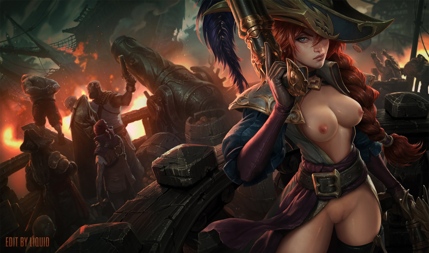 1girl belt big_breasts cannon clothes clothing cosplay fire gun hat holding_weapon liquidshadow long_hair looking_at_viewer nipples pirate pirate_hat pirate_ship ponytail red_hair serious shaved_pussy ship standing