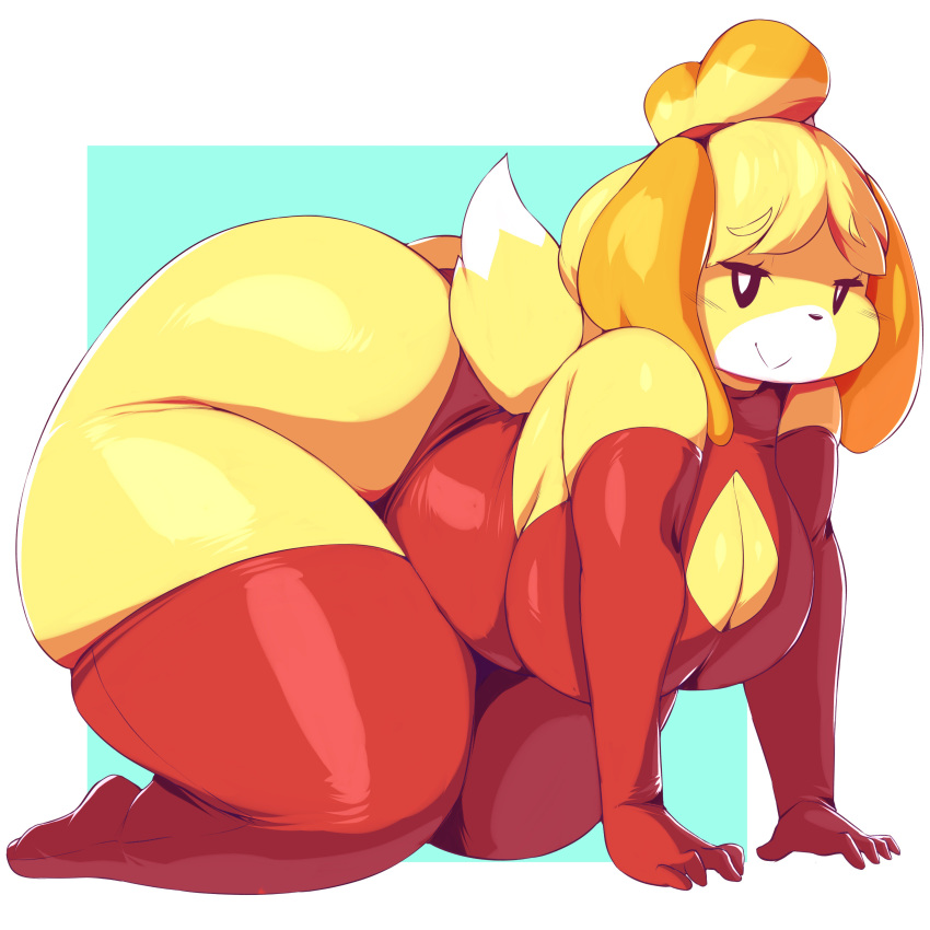1girl 1girl 2018 animal_crossing anthro ass big_ass big_breasts breasts canine digital_media_(artwork) furry huge_ass isabelle_(animal_crossing) looking_at_viewer mammal nintendo overweight slightly_chubby thick_thighs trinity-fate62 video_games