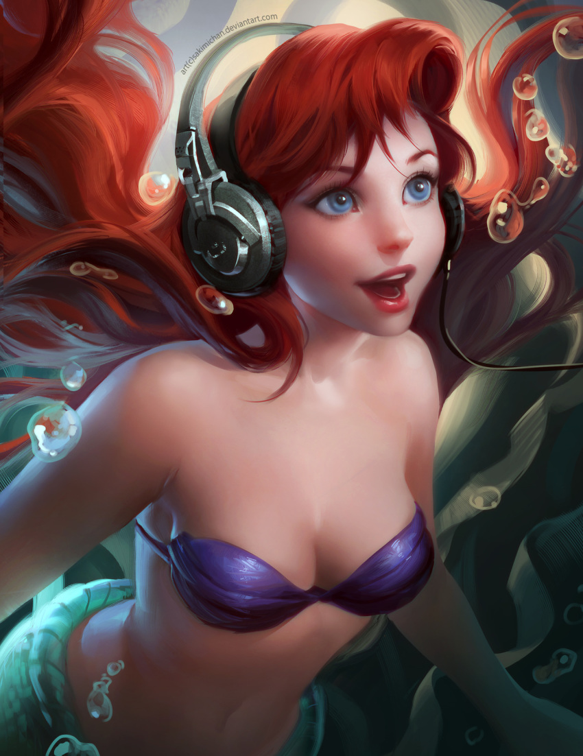 1girl blue_eyes bra clothed disney grin headphones mermaid open_mouth red_hair redhead sakimichan sexy sexy_body small_breasts smile underwater