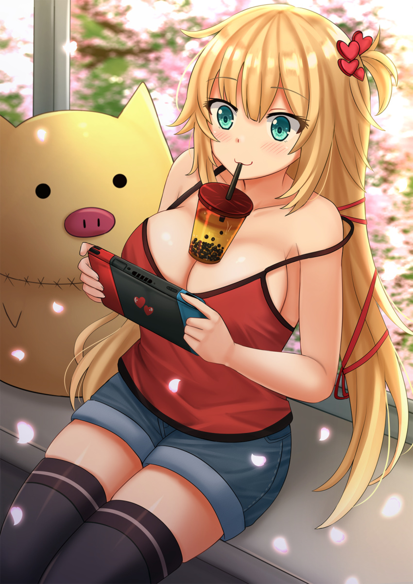 1girl :3 akai_haato aqua_eyes bare_arms bare_shoulders big_breasts black_legwear blonde blue_shorts breast_shelf breasts bubble_tea bubble_tea_challenge camisole cherry_blossom clavicle cleavage cup denim denim_shorts disposable_cup doll drink drinking_straw flower hair_ornament high_resolution holding hololive jeans kazenokaze long_hair looking_at_viewer nintendo_switch one_side_up pants red_shirt shirt short_shorts shorts sitting sleeveless sleeveless_shirt spaghetti_strap stockings strap_slip very_long_hair virtual_youtuber