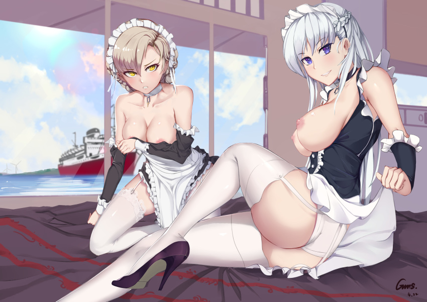 1girl 2_girls apron areola artist_name ass azur_lane bangs bare_shoulders beach belfast_(azur_lane) big_breasts black_footwear blue_eyes blush braid breasts chain clavicle collar dated day eyebrows_visible_through_hair french_braid frilled_apron frills full_body garter_straps gins half_updo high_heels high_resolution kneel lifted_by_self lingerie long_hair long_sleeves looking_at_viewer looking_back maid maid_headdress medium_breasts multiple_girls nipples no_bra panties parted_lips platinum_blonde sheffield_(azur_lane) ship shoes short_hair silver_hair sitting skirt skirt_lift smile stockings sun tied_hair underbust underwear very_high_resolution waist_apron watercraft white_apron white_legwear white_panties white_underwear window yellow_eyes