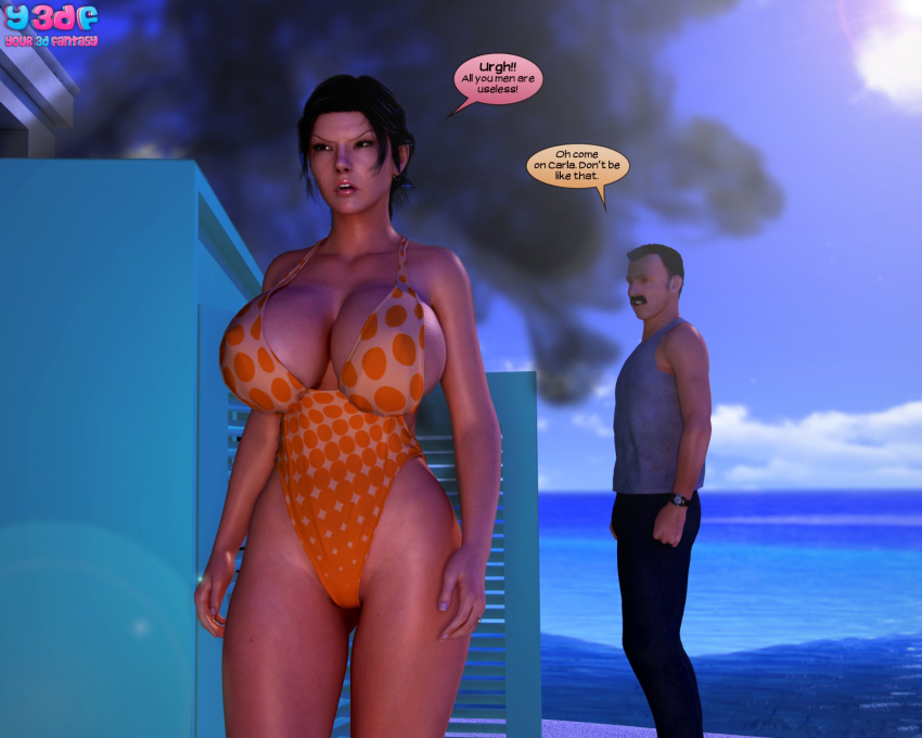 1girl 3d angry big_breasts bikini black_hair cleavage milf outside short_hair swimsuit water y3df