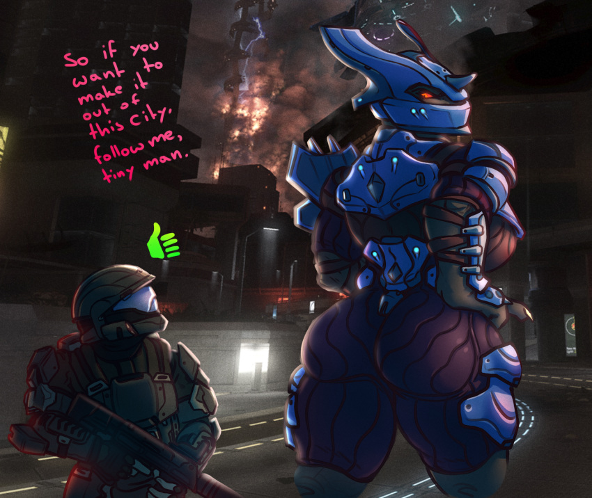 1girl alba_(character) armor ass big_ass english_text gun halo_(series) helmet high_res human jiralhanae larger_female looking_back mammal odst ranged_weapon rube size_difference text the_rookie_(character) thick_thighs video_games weapon wide_hips