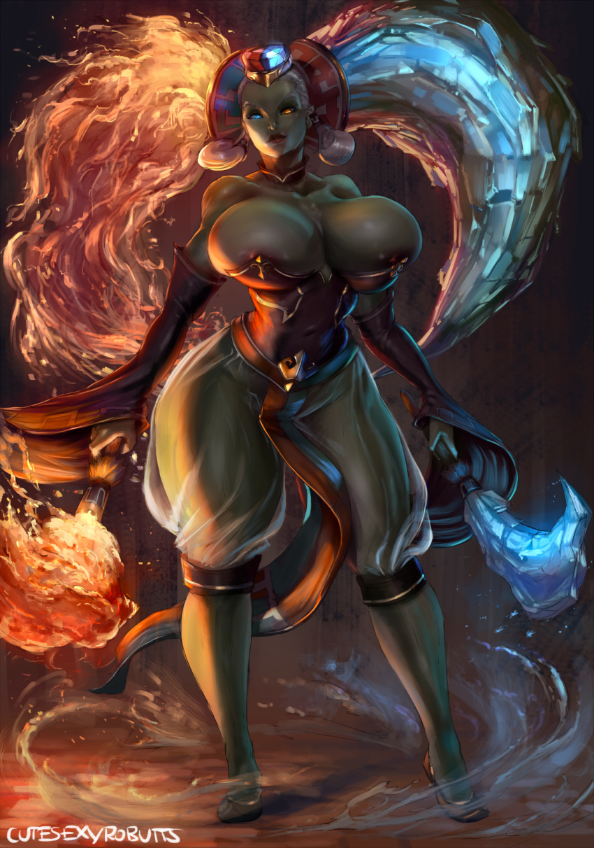 1girl 1girl areola big_breasts breasts bursting_breasts cutesexyrobutts fire gerudo green_skin huge_breasts ice looking_at_viewer shiny shiny_skin standing the_legend_of_zelda the_legend_of_zelda:_ocarina_of_time thick_thighs thighs twinrova twintwils