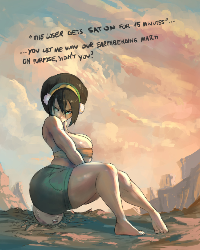 1boy 1girl aang ass avatar:_the_last_airbender big_breasts black_hair breasts cutesexyrobutts english_text large_ass sitting sitting_on_face text thick_thighs thighs toph_bei_fong tubetop