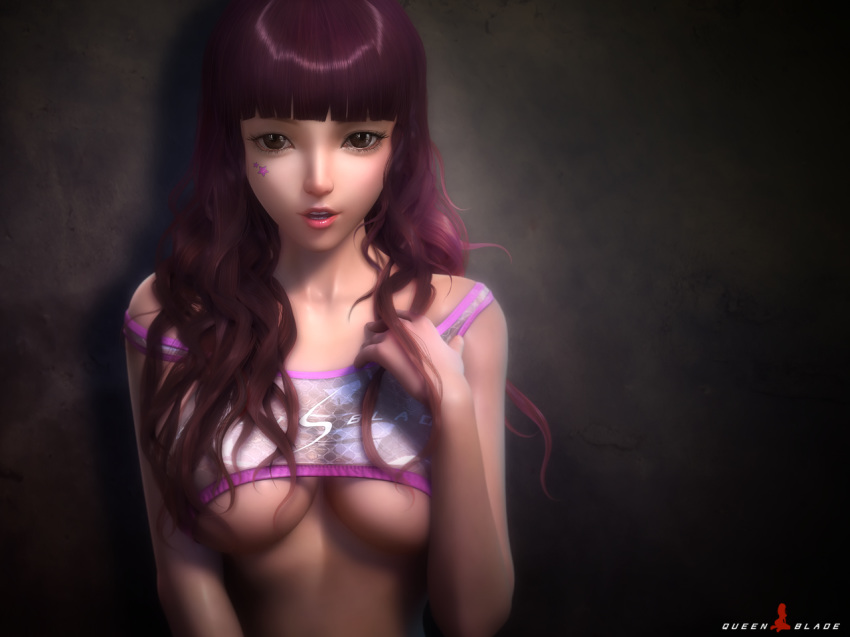 asian big_eyes clothed clothing looking_at_viewer moon_hyunsoo open_mouth purple_hair queen_blade_(artist) sparkle underboob