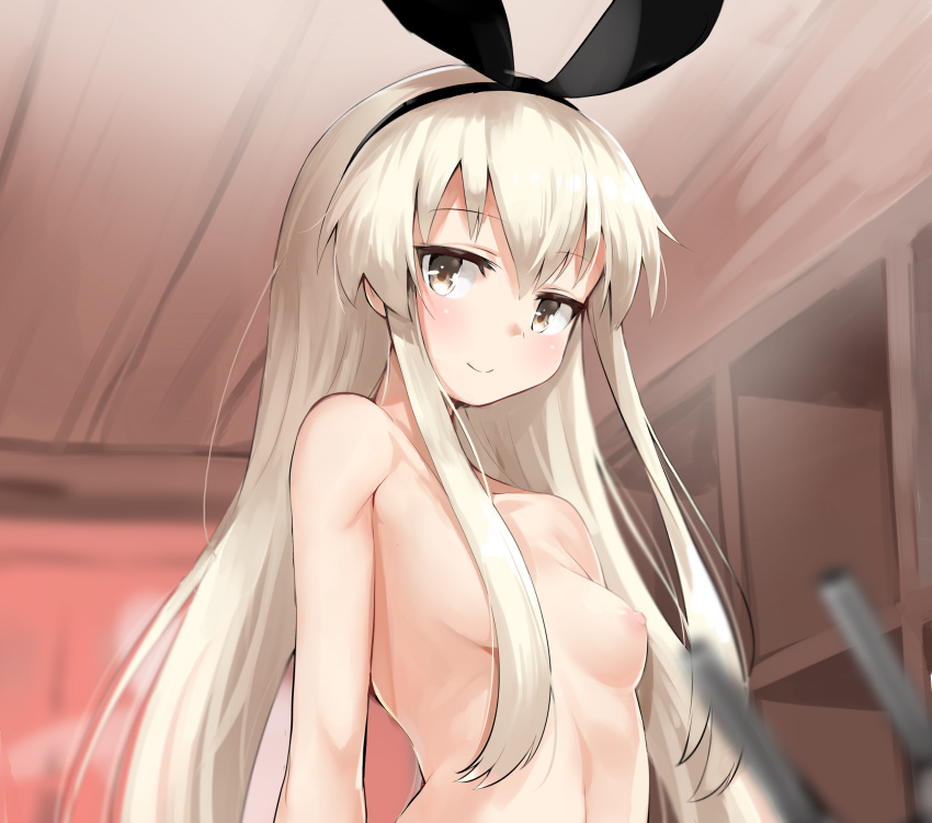 1girl 1girl black_hair_ornament black_hairband blonde blurry blush breasts censor_hair closed_mouth eyebrows hair_over_one_breast hairband haru_(renol) high_resolution indoors kantai_collection long_hair looking_at_viewer nipples nude rensouhou-chan shimakaze_(kantai_collection) small_breasts smile standing topless upper_body yellow_eyes