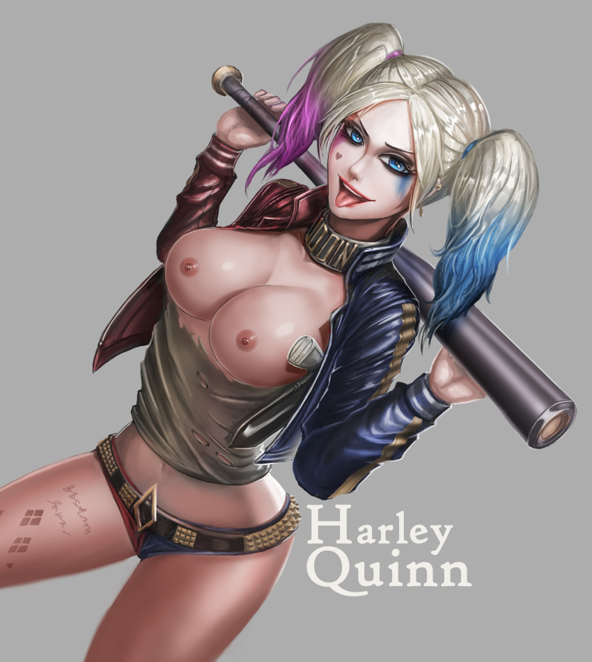 1girl badcompzero baseball_bat batman_(series) big_breasts blonde_hair breasts clothed clothing dc_comics female female_only harley_quinn jacket jean_shorts looking_at_viewer nipples pigtails ripped_clothing short_shorts solo standing suicide_squad tongue tongue_out