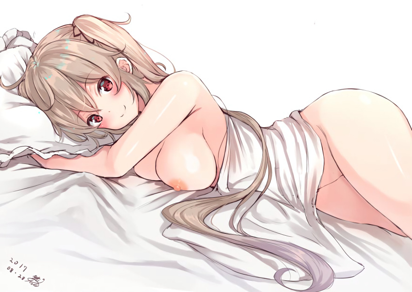 1girl 1girl 1girl 2010s areola bare_shoulders bed_sheet big_breasts black_ribbon blush breasts brown_hair closed_mouth completely_nude eyebrows_visible_through_hair hagirussia_(sanyanyanya) hair_between_eyes hair_ornament hair_ribbon high_resolution kantai_collection long_hair looking_at_viewer lying murasame_(kantai_collection) naked_sheet nipples nude nude_filter on_side pillow red_eyes ribbon short_hair simple_background smile thighs third-party_edit very_long_hair white_background wide_sleeves yukisiro_arte