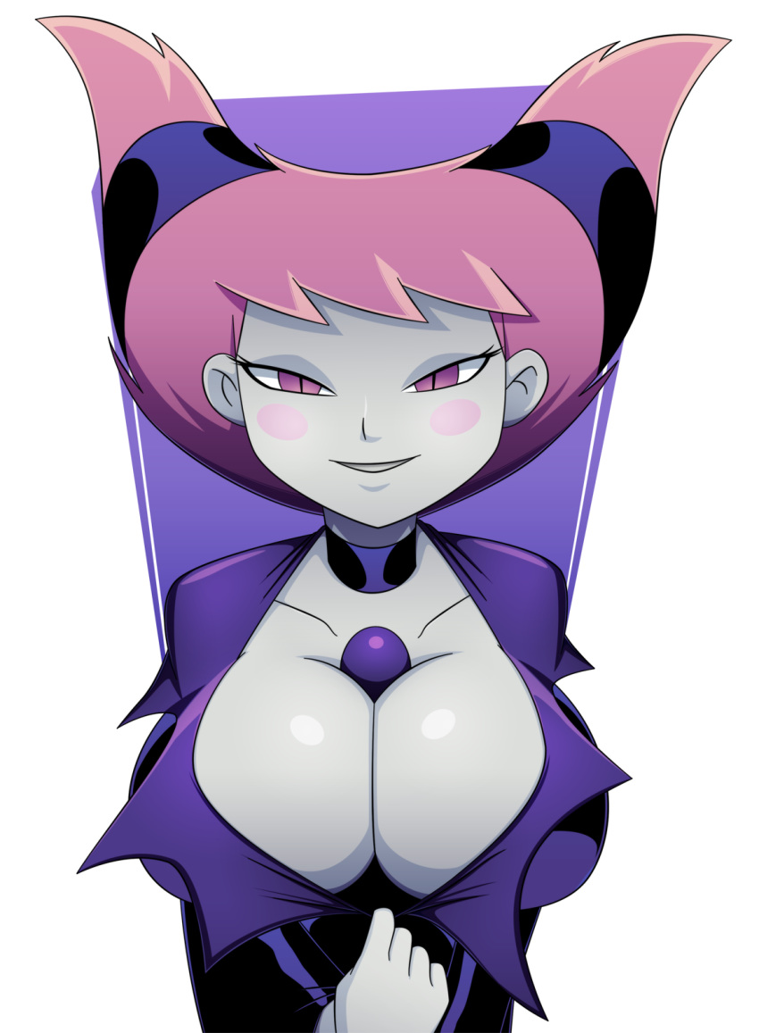 1girl big_breasts blush breasts cleavage dc_comics female_only female_solo grey_skin high_resolution huge_breasts jinx looking_at_viewer naughty_face pink_eyes pink_hair ravenravenraven shirt_pull superheroine tease teen_titans upper_body