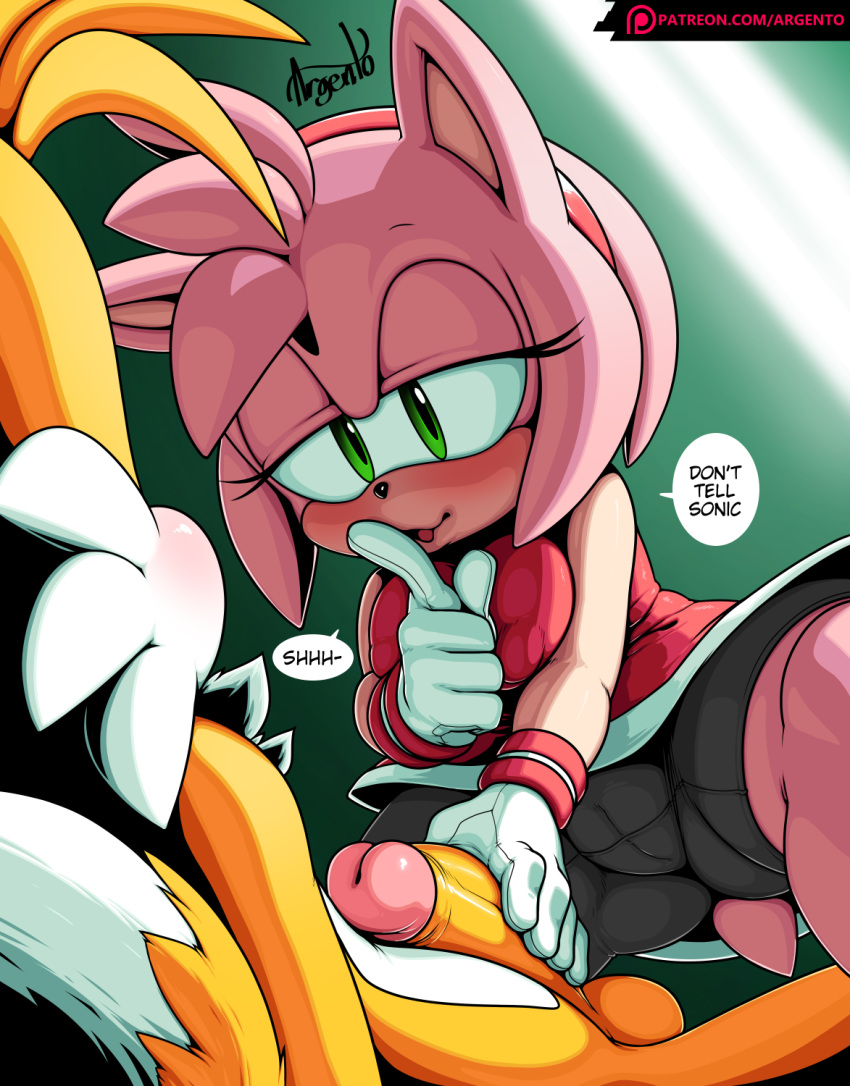 1girl 2018 amy_rose anthro argento black_nose blush canine clothed clothing dialogue digital_media_(artwork) duo english_text eyelashes finger_to_mouth fox furry gloves green_eyes hair hairband half-closed_eyes handjob hedgehog high_res humanoid_penis male male/female mammal miles_"tails"_prower patreon penis pink_hair sega sex short_hair signature testicles text url
