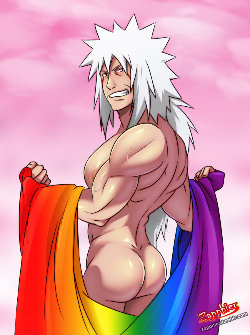 1_boy 1_male 1_male_human 1boy 1male ass ass_cheeks ass_crack back bara bare_back bare_shoulders biceps black_eyes bubble_butt butt butt_cheek butt_crack chin clenched_teeth elbow elbows jiraiya long_hair looking_at_viewer lower_back lower_body male man manly muscle muscles muscular muscular_male naked naruto nude rainbow solo solo_focus solo_male spiked_hair spiky_hair tagme teeth veins white_hair yaoi