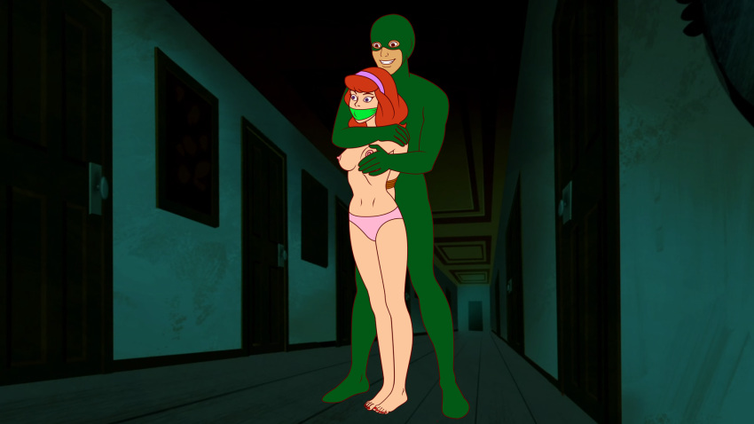 1boy 1girl breast_grab breasts daphne_blake gagged groping hairband hands_tied_behind_back molestation mostly_nude no_bra panties red_hair scooby-doo tied topless underwear