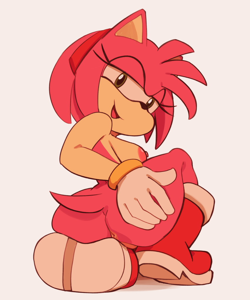 1girl 1girl 2018 amy_rose anthro anus areola ass black_nose boots bracelet breasts clothing footwear fridge_(artist) furry gloves green_eyes hair hairband half-closed_eyes hand_on_butt hedgehog high_res jewelry looking_back mammal mostly_nude nipples pink_body pink_hair pink_skin presenting presenting_hindquarters sega short_hair smile spread_butt spreading video_games