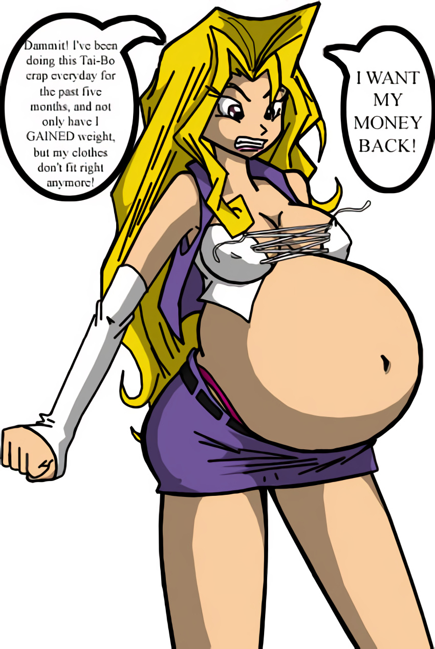 annoyed axel-rosered belly_bulge belly_expansion blonde_hair inflation long_hair mai_valentine milf photoshop purple_eyes weight_gain yu-gi-oh! yuu-gi-ou