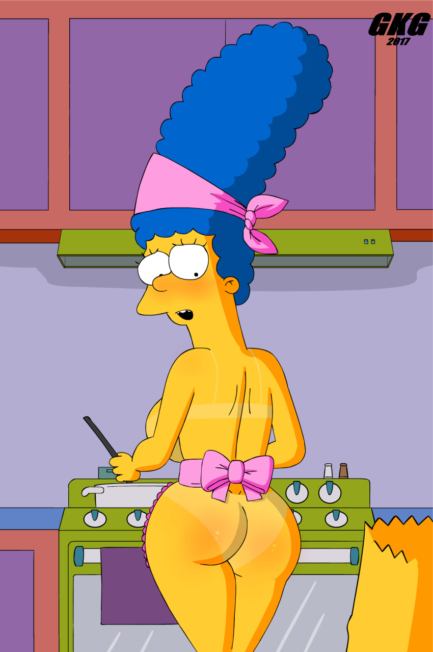 apron ass back back_view cooking gkg kitchen marge_simpson milf mother_and_son nude open_mouth slut_mother standing the_simpsons