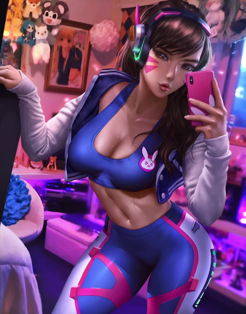 1girl alluring bedroom cleavage clothed clothing d.va headphones lips logan_cure overwatch selfpic smartphone