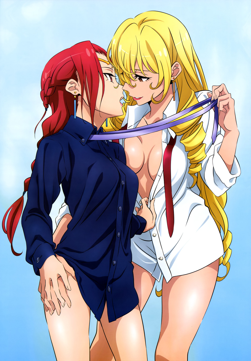 2girls absurd_res art bare_legs big_breasts black_shirt blonde_hair blue_background blue_shirt bottomless bozes_co_palesti braid breasts brown_eyes buttons circlet collarbone collared_shirt cowboy_shot dress_shirt drill_hair earrings eye_contact friends gate_-_jieitai_ka_no_chi_nite_kaku_tatakaeri grin hair_between_eyes half_updo hand_holding hand_on_another's_leg high_res imminent_kiss interlocked_fingers jewelry legs light_blue_background lips lipstick long_hair long_sleeves looking_at_another love makeup medium_breasts multiple_girls mutual_yuri naked_shirt neck nyantype official_art open_clothes open_mouth open_shirt parted_lips pina_co_lada_(gate) red_eyes red_hair red_lipstick seductive_smile shirt simple_background single_braid smile standing twin_drills unbuttoning undressing untying very_long_hair white_shirt yuri