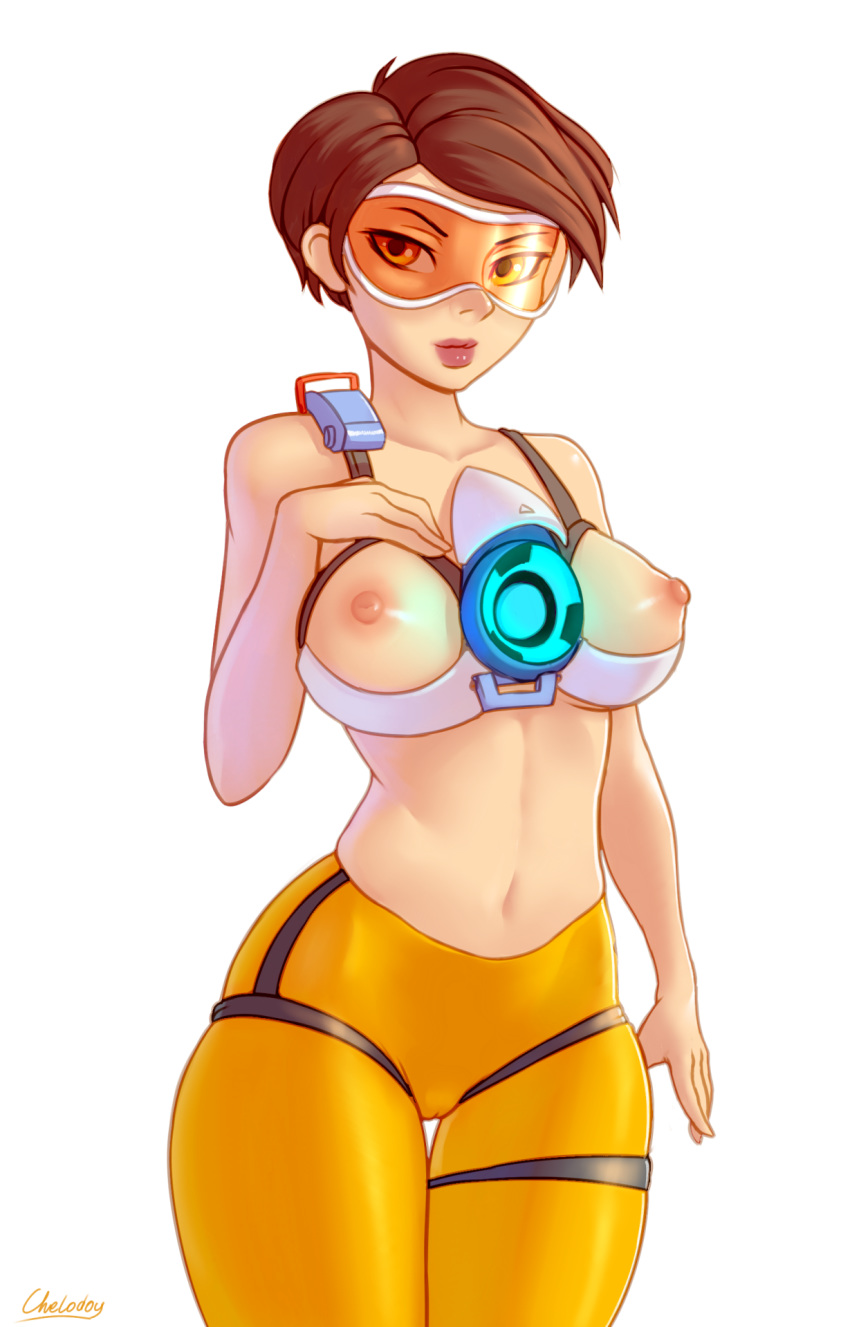 1girl breasts chelodoy glasses lipstick looking_at_viewer looking_away nipples overwatch pants short_hair signature standing tomboy tracer_(overwatch)