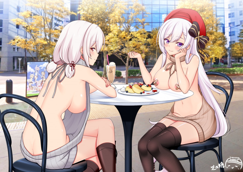 1girl 2_girls arm_rest autumn azur_lane backwards_virgin_killer_sweater bandaid bandaids_on_nipples bangs bare_shoulders belfast_(azur_lane) belfast_(shopping_with_the_head_maid)_(azur_lane) beret big_breasts black_legwear blush boots breasts brown_footwear brown_sweater bubble_tea building cameo chair clavicle crossed_legs day dessert_topping drinking_straw earrings erect_nipples erect_nipples_under_clothes exhibitionism eyebrows_visible_through_hair food fruit grey_sweater hair_between_eyes hand_on_own_cheek hand_on_own_face hat hoop_earrings jewelry knee_boots long_hair looking_at_viewer meme_attire multiple_girls nipples pasties photo_background ppshex red_headwear short_hair sidelocks silver_hair sirius_(azur_lane) sitting smile stockings strawberry sweater table turtleneck virgin_killer_sweater whipped_cream white_hair