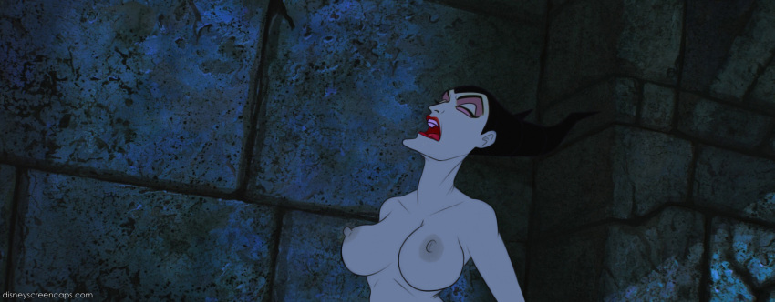 1girl big_breasts breasts closed_eyes disney edit female female_only horn horns lipstick maleficent nipples nude open_mouth sleeping_beauty teeth tongue topless wall