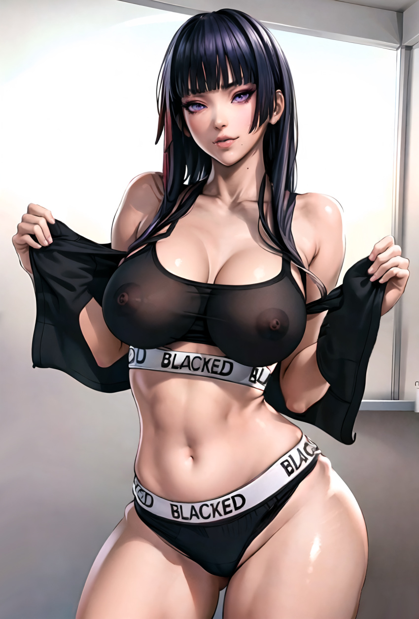 1girl 1girl 1girl alluring black_hair blacked blacked_clothing blunt_bangs breasts breasts_visible_through_clothing collarbone dead_or_alive dead_or_alive_6 female_only looking_at_viewer mole_under_mouth nipples_visible_through_clothing nyotengu opening_jacket purple_eyes sadakage shiny_breasts shiny_thighs sport_panties sport_shorts sportswear straight_hair tecmo toned_female translucent_clothing underwear undressed zengai
