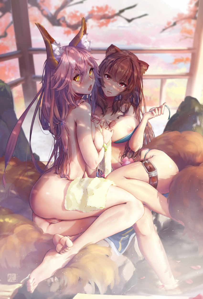 1girl 2_girls animal_ear_fluff animal_ears ass bare_legs barefoot big_breasts bikini blue_bikini blurry blurry_background bracelet breasts brown_hair crossover day depth_of_field extremely_large_filesize fang fate/grand_order fate_(series) feet flower hair_between_eyes head_tilt high_resolution in_profile jewelry large_filesize legs long_hair looking_at_viewer medium_breasts mitsu_(mitsu_art) multiple_girls nipples nude onsen open_mouth outside paid_reward partially_submerged patreon_reward photoshop_(medium) pink_hair pulled_by_self pussy raphtalia soaking_feet steam strap_gap strap_pull string_bikini swimsuit tail tamamo_no_mae_(fate) tamamo_no_mae_(swimsuit_lancer) tate_no_yuusha_no_nariagari tattoo thigh_strap uncensored untied untied_bikini very_high_resolution yellow_eyes