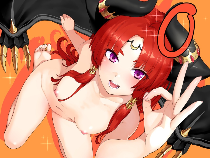 1girl 1girl 1girl 4:3_aspect_ratio bangs barefoot benimura_karu breasts clavicle claws completely_nude countdown demon_girl demon_horns demon_wings eyebrows_visible_through_hair feet hair_tubes horn_ornament horns kneel long_hair looking_at_viewer nail_polish navel nipples nude ok_sign open_mouth orange_background parted_bangs pink_nails primtine purple_eyes red_hair seiza short_eyebrows sidelocks sitting small_breasts smile sono_taiju_wa_makai_o_kurau! sparkle spikes very_long_hair viewed_from_above wings