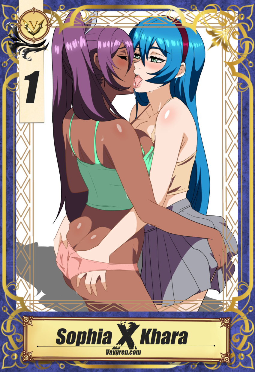 2girls arms ass ass_grab bare_arms bare_shoulders big_breasts blue_hair blush breasts cleavage closed_eyes dark-skinned_female female_only green_eyes grey_skirt hairband half-closed_eyes high_res human human_only interracial kissing long_hair looking_at_another love multiple_females multiple_girls mutual_yuri neck panties pink_panties pleated_skirt purple_hair red_hairband shiny shiny_hair shiny_skin skirt standing sweat tank_top tongue tongue_out twin_tails vaygren yuri