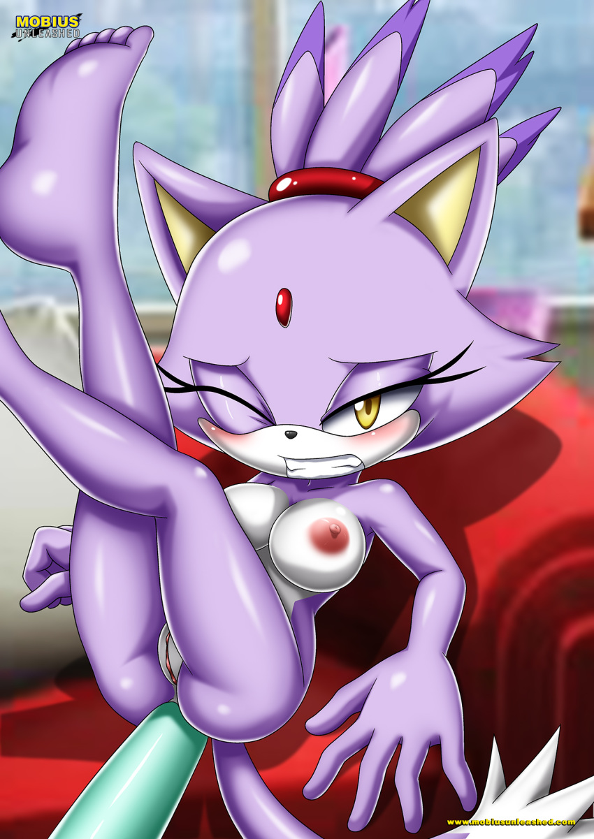 anal_penetration anus barefoot bbmbbf big_breasts big_dildo blaze_the_cat blush furry looking_at_viewer mobius_unleashed one_eye_closed palcomix pussy sega soles sonic_(series) sonic_the_hedgehog_(series) tagme toes