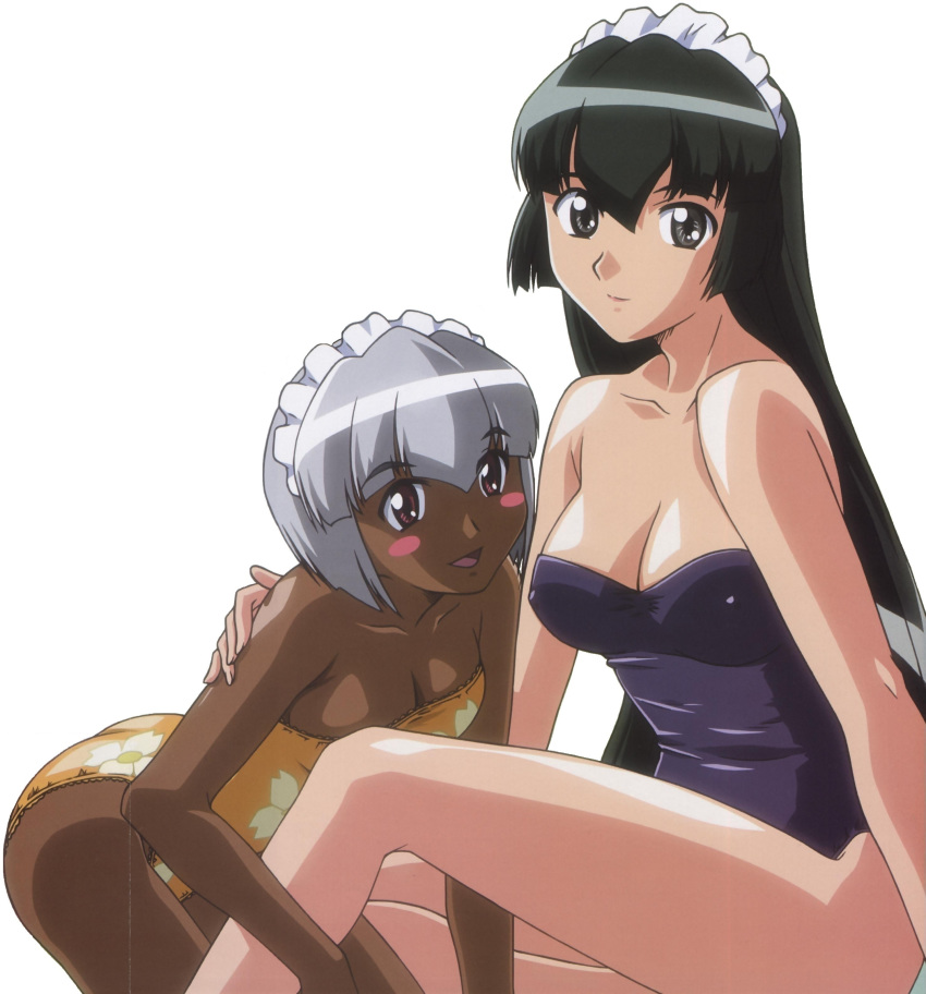 2_girls :d absurd_res arm arm_support art bare_arms bare_legs bare_shoulders black_hair blue_swimsuit blush_stickers breasts c: cleavage closed_mouth collarbone dark_skin female_only hanaukyou_maid_tai high_res hugging human human_only leg_grab legs leotard long_hair looking_at_viewer maid maid_headdress multiple_girls neck open_mouth sanae_yashima shiny shiny_hair shiny_skin short_hair silver_hair simple_background sitting small_breasts strapless strapless_leotard strapless_swimsuit swimsuit tsurugi_konoe white_background yellow_swimsuit yuri