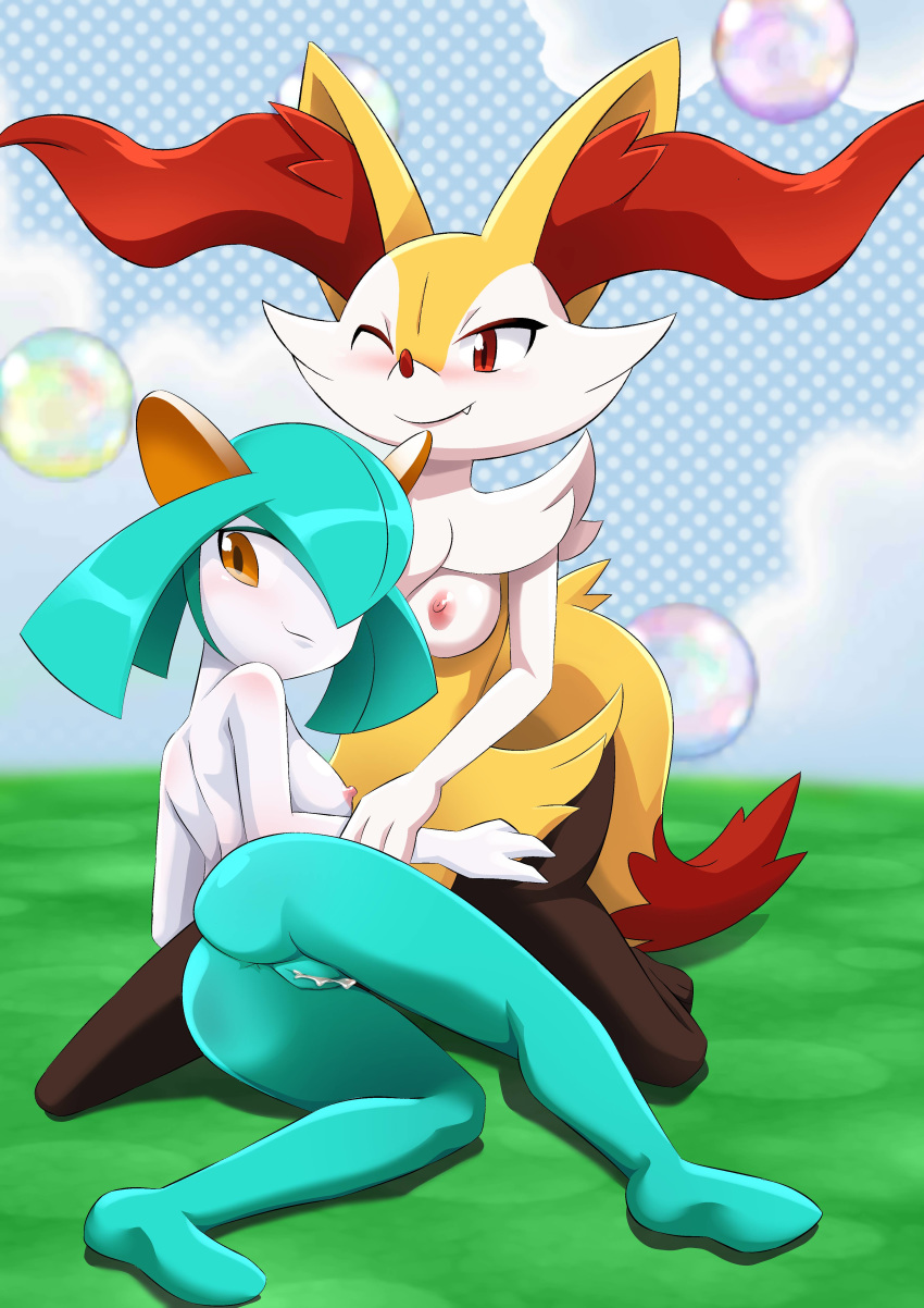 2girls anthro bbmbbf blush braixen breasts erect_nipples kirlia looking_at_viewer nintendo nipples nude palcomix pokemon pokepornlive pussy smile take_your_pick video_games wink