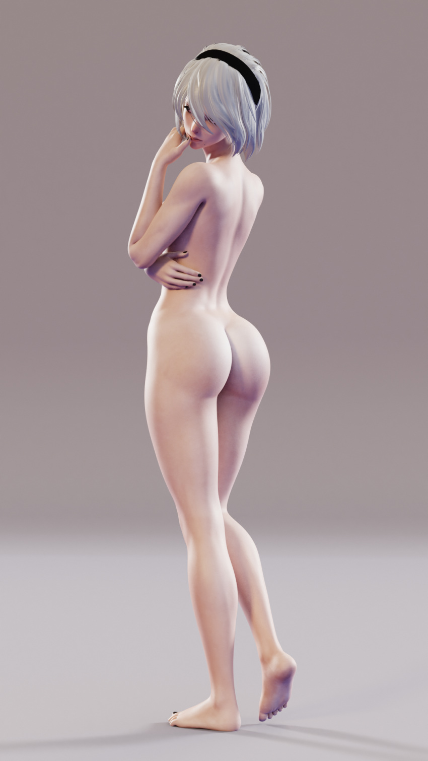 1girl 3d android ass ass_focus backside barefoot beige_background black_nails blender completely_nude feet female_only female_solo finger_to_mouth from_behind full_body hairband high_resolution kruel-kaiser legs looking_back mole mole_under_mouth nail_polish nier:_automata nier_(series) nude short_hair silver_hair slender_waist soles standing thighs toes white_hair yorha*2*b yorha_no._2_type_b