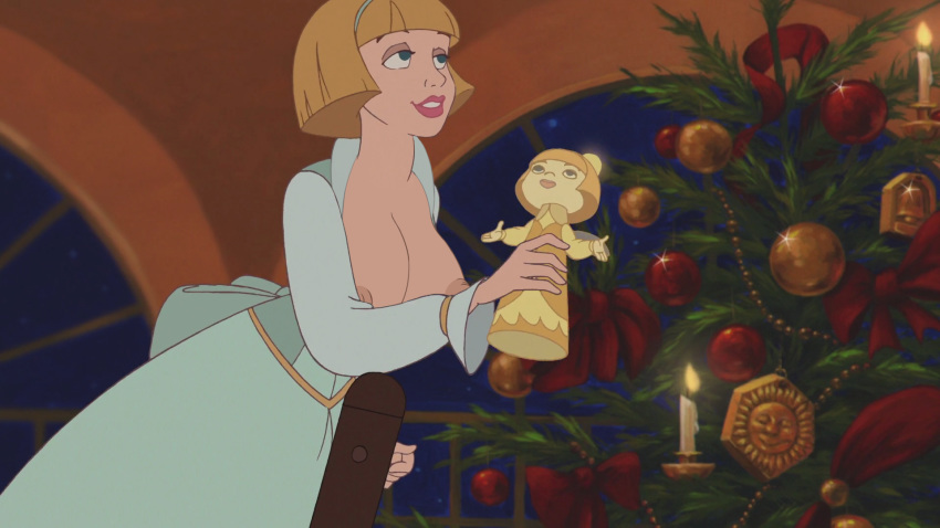 1girl angelique_(beauty_and_the_beast) babe beauty_and_the_beast big_breasts blonde_hair blue_eyes breasts breasts_outside christmas christmas_tree disney dress edit female_only human lipstick nipples poivoit short_hair smile teeth window